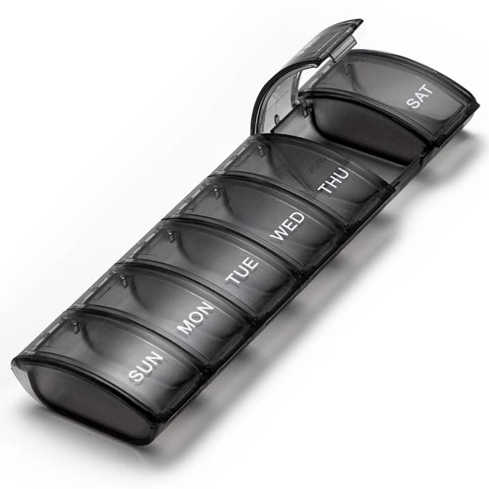 Weekly organizer for pills, large 7-day pill holder, daily vitamin case, medicine container, supplements and fish.