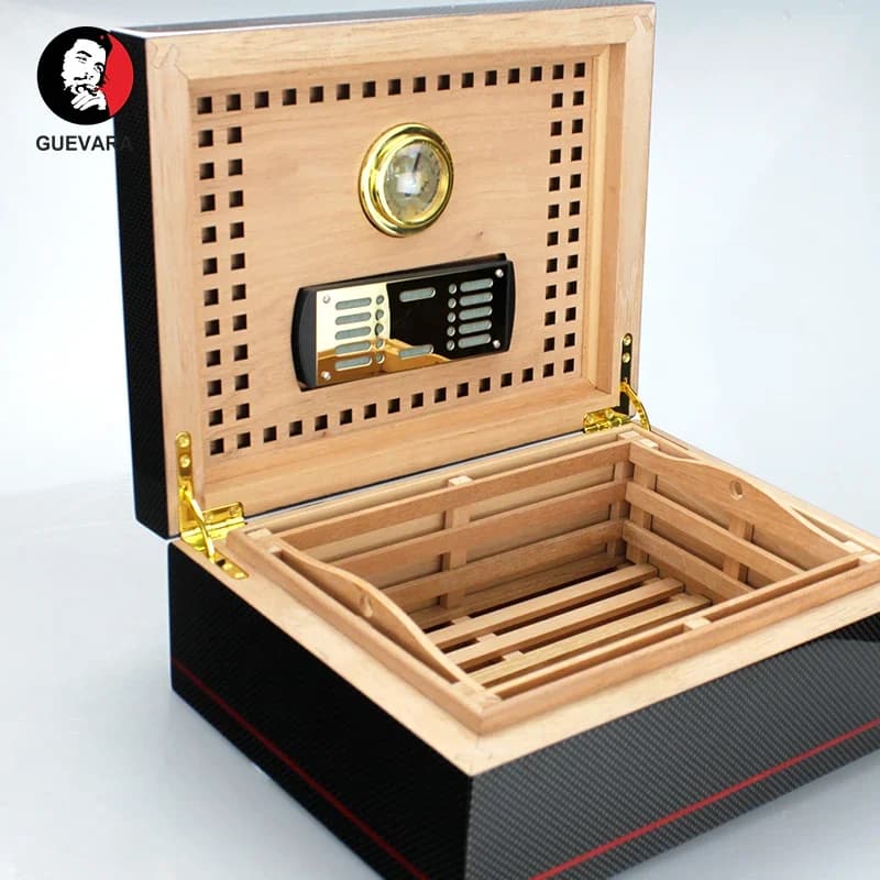 GUEVARA Carbon Fiber Cigar Humidor Moisturizing Box for Cigar Solid Cedar