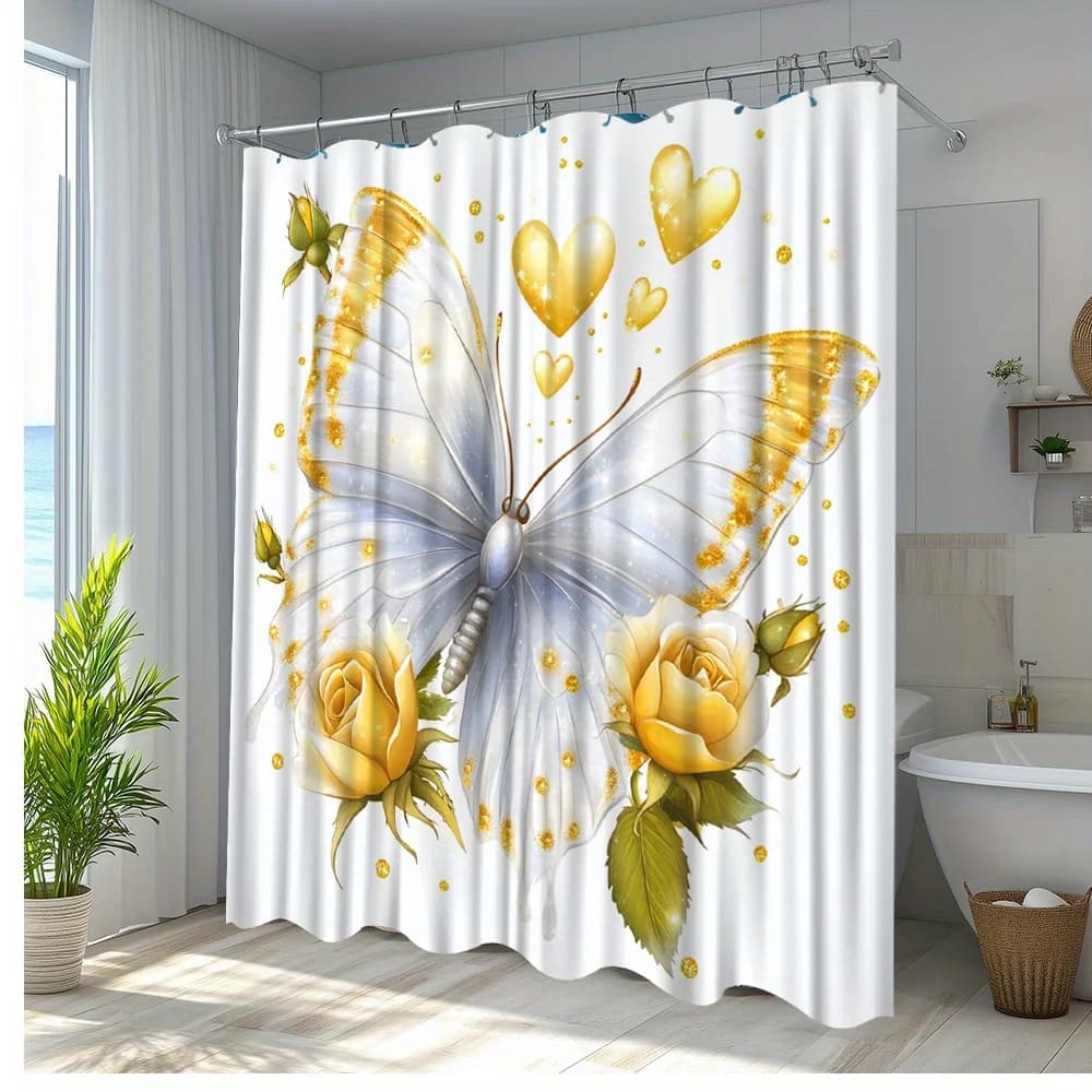 Tenda da doccia a farfalla da 1 pezzo con design di rose gialle e cuori - Tessuto in poliestere premium, lavabile in lavatrice, 70,8x70,8 pollici,