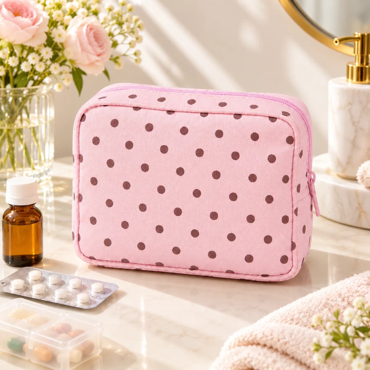Medicine Bag Soft Fabric Polka Dot Medicine Organizer Travel Medication Storage Pouch First Aid Case Emergency Kit Cosmetic Bag