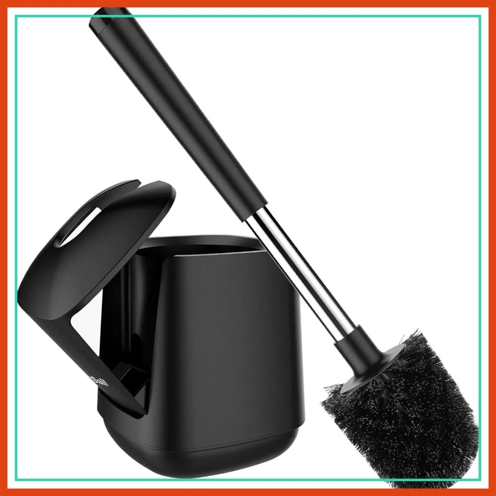 Set di scopini per WC con chiusura automatica e supporto, manico extra lungo, setole in nylon, nero