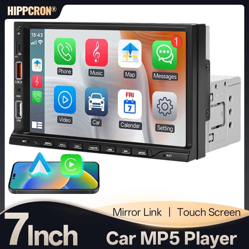 Autoradio Hippcron 7" 1Din MP5 con supporto Carplay, Android Auto, BT, ricarica USB, AUX, TF, Mirror Link e telecamera