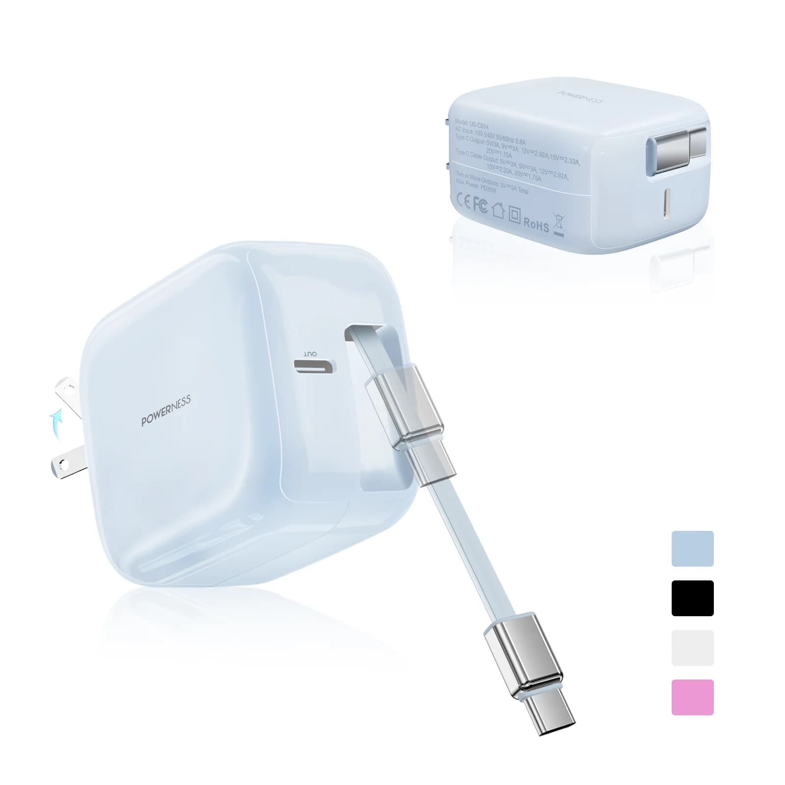 Nuovo Caricabatterie Blu USB-C Type-C da 35W con Cavo Retrattile Fino a 60cm, Ideale per Viaggi, Compatibile con iPhone e Xiaomi