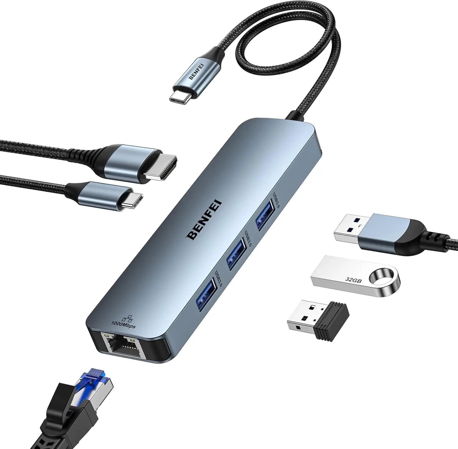 Hub USB C 6-in-1: HDMI 4K@60Hz, Gigabit Ethernet, 100W PD, 3xUSB 3.0, Cavo in Silicone, Custodia in Alluminio per iPhone 15 Pro/Max, MacBook, iPad Pro, iMac, S23, XPS17