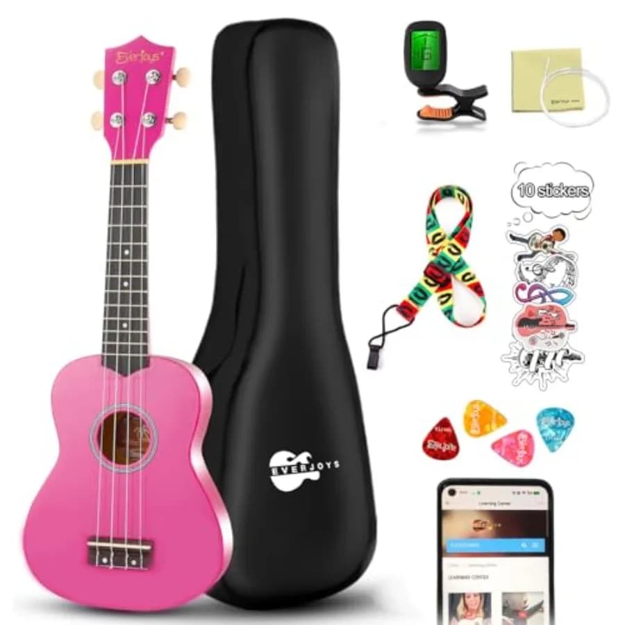 Soprano Ukulele Beginner Kit 21 Inch for learning, mahogany body, shiny purple finish, includes gig bag tuner picks strap and f