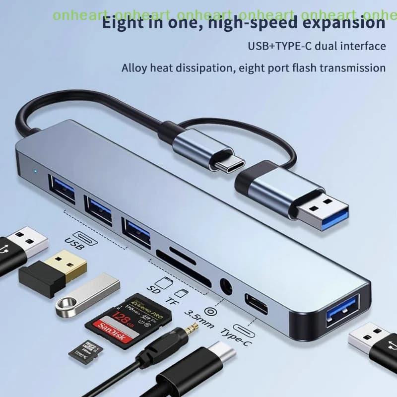Hub USB Type-C 8 in 1 con docking station, adattatore jack audio da 3,5 mm, lettore di schede Micro TF per MacBook, laptop, tablet e telefono