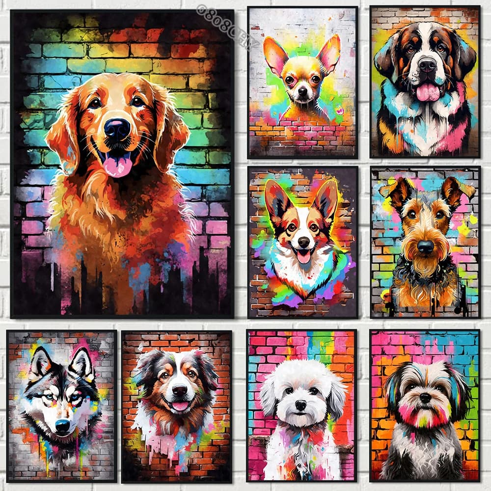 Colorful Graffiti Dog Art poster stampe su tela Cute Animal Pets Street Pop Wall Art dipinti su tela immagini per la decorazione domestica