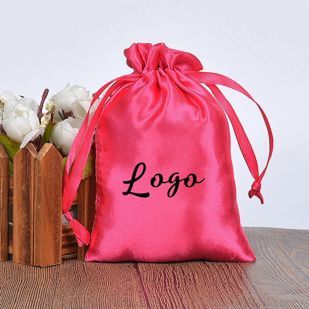 Dimensioni logo personalizzabili Parrucche Borse di seta per capelli Riutilizzabili in raso con coulisse Gioielli Orecchino Borsa per caramelle Borsa per la polvere 25x30 cm