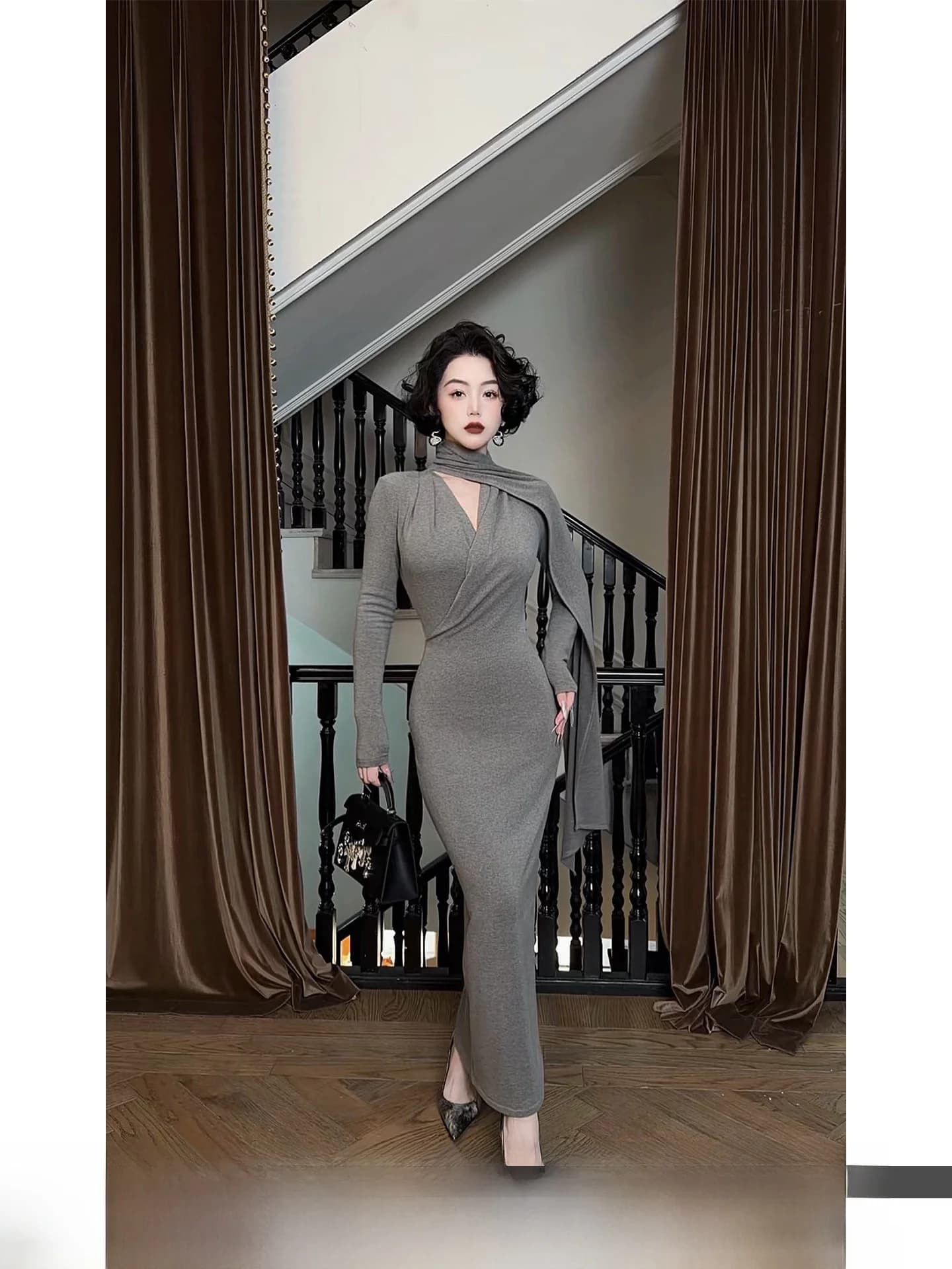 Gonna Lunga da Donna in Maglia con Vita Alta Elasticizzata, Modello H, in Tessuto Modale, per Autunno Inverno, Ideale per il Lavoro