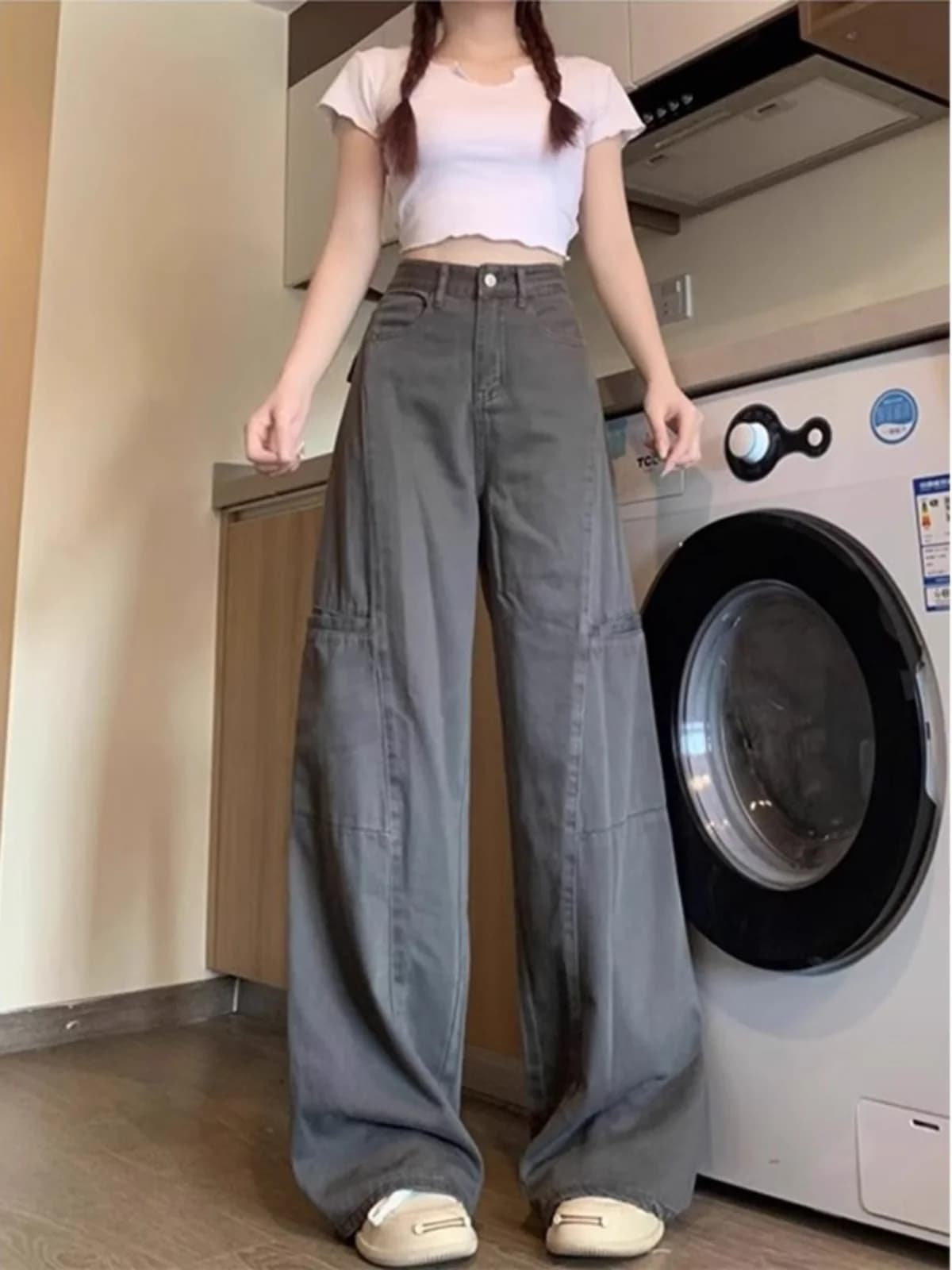 American Retro Grey Work Pants Women's High Waist Loose Wide Leg Slimming Straight Jeans Casual Pure Color Long Trousers