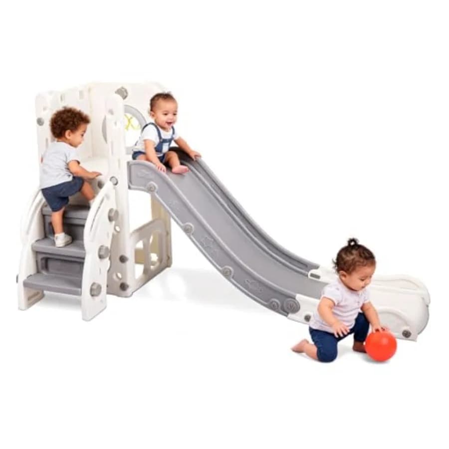 Scivolo e Set da Gioco per Bambini per Interni ed Esterni - Arrampicata 5-in-1 con Canestro da Basket, Gradini Antiscivolo e Spazio di Stoccaggio - Ottimo