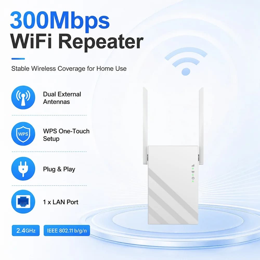 WiFi Extender Signal Booster for Home, 300Mbps 2.4GHZ WiFi Repeater, Internet Amplifier with Ethernet Port, Easy to Setup