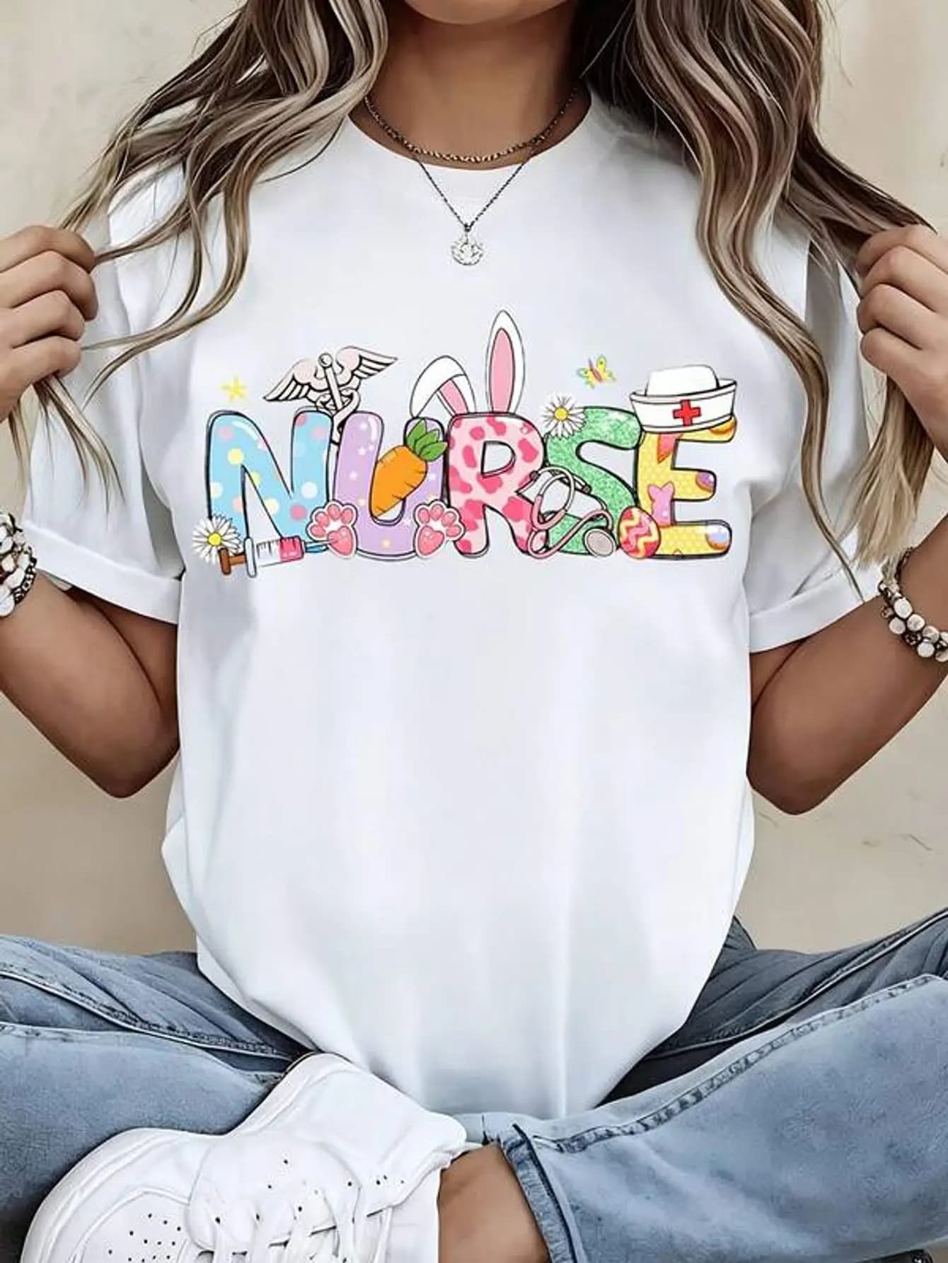 Nurse T Shirt White Nurse Word With Medical And Easter Elements Design For Casual Wear