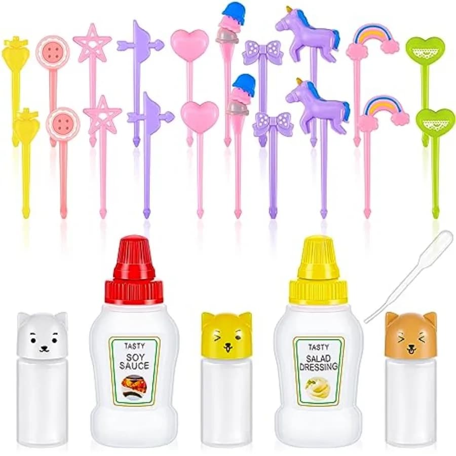 26 Pcs Lunch Bento Soy Sauce Case Containers, 5 Mini Condiment Squeeze Bottles with Dropper and 20 Animal Food Picks for Lunch