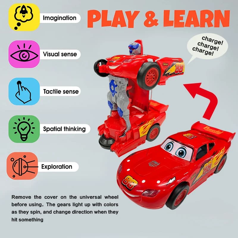 Toy electric robot transformation auto racing red, automatic conversion, universal sound and light, perfect gift for children