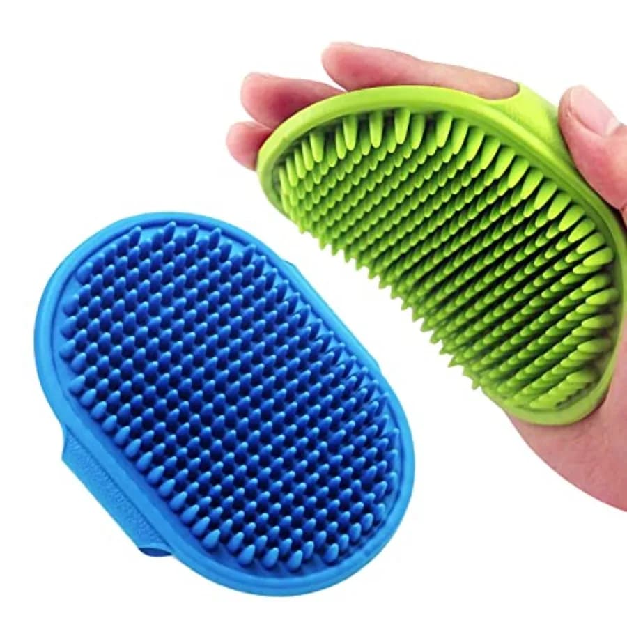 Spazzola per toelettatura cani, spazzola da bagno per shampoo animali, pettine massaggiante in gomma con manico ad anello regolabile per cani a pelo lungo e corto