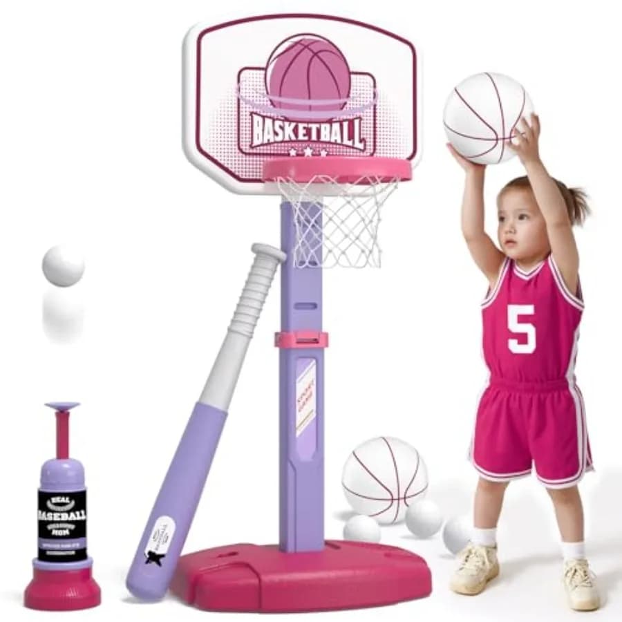 Set 2 in 1 Canestro da Basket e T-Ball per Bambini con Macchina Lanciapalline Automatica - Canestro da Basket Regolabile in Altezza Adatto per Interni