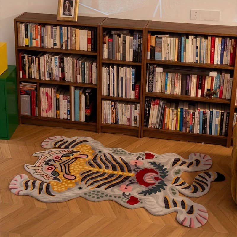 Faux Tiger Irregular Shape Area Carpet Fluffy Soft Non-Slip Washable Rug for Living Room Reading Area Home Decor
