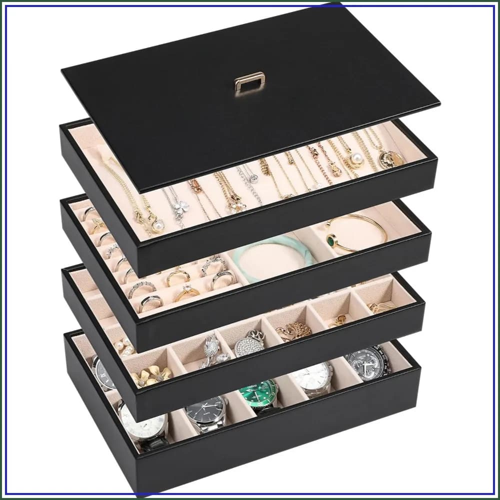 Stackable Jewelry Organizer Tray with Lid, PU Leather Storage for Drawer Inserts, Display Case for Earrings, Necklaces, Rings, Watches, Bracelets (Set of 4, Black)
