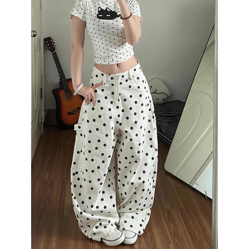 YIBASHU Women Baggy Jeans White Denim Pants Dot Y2K Japanese Harajuku 2000s American Retro Long Trousers High Street Boyfriend