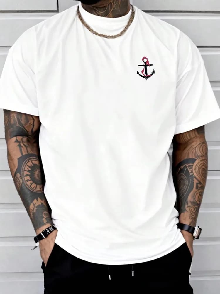 T-shirt da uomo estiva 100% cotone, alla moda, casual, sportiva, con stampa di drago e ancora, girocollo, a maniche corte