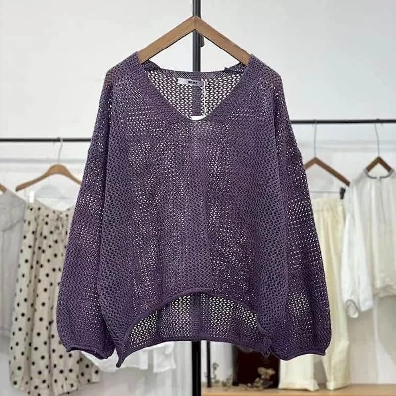 T-shirt da donna tinta unita lavorata a maglia gotica con scollo a V protezione solare top oversize casual stile coreano grembiule manica lunga abiti estivi