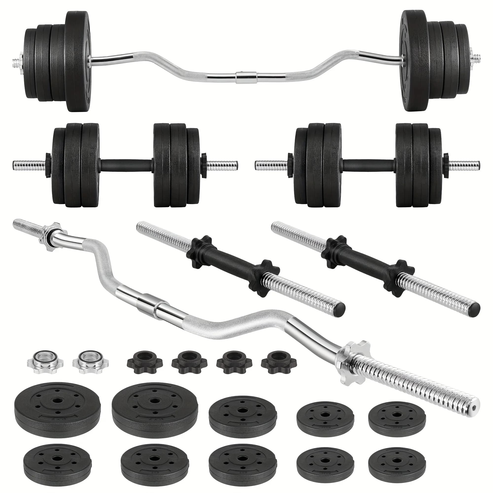70LB 2-in-1 Barbell Set with Curl Bar & Weight Plates - Convertible Dumbbells for Full-Body Gym Workouts, Weightlifting System for &, No Additional Equipment Needed ()