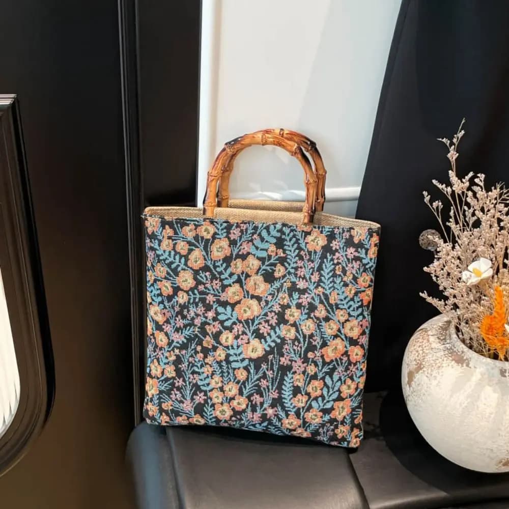 Jacquard Fabric Casual Tote Bag with Floral Print, Hanfu Chinese Style Tela Handbag, Women's Underarm Bag