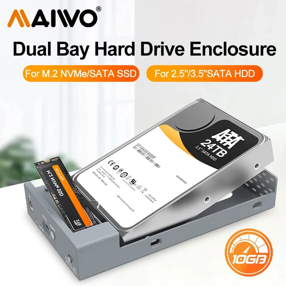 Custodia SSD MAIWO M.2 NVMe SATA da 10 Gbps per custodia per disco rigido esterno da 2,5" 3,5" Supporta HDD/SDD da 2230/42/60/80 e 2,5/3,5 pollici