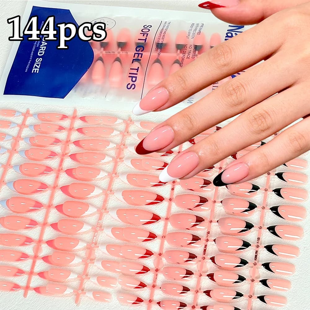 144 Fine Nails Colored in French almond with Gel, White Red Stripes, Artificial Nails Press-On, Extensions for Nails