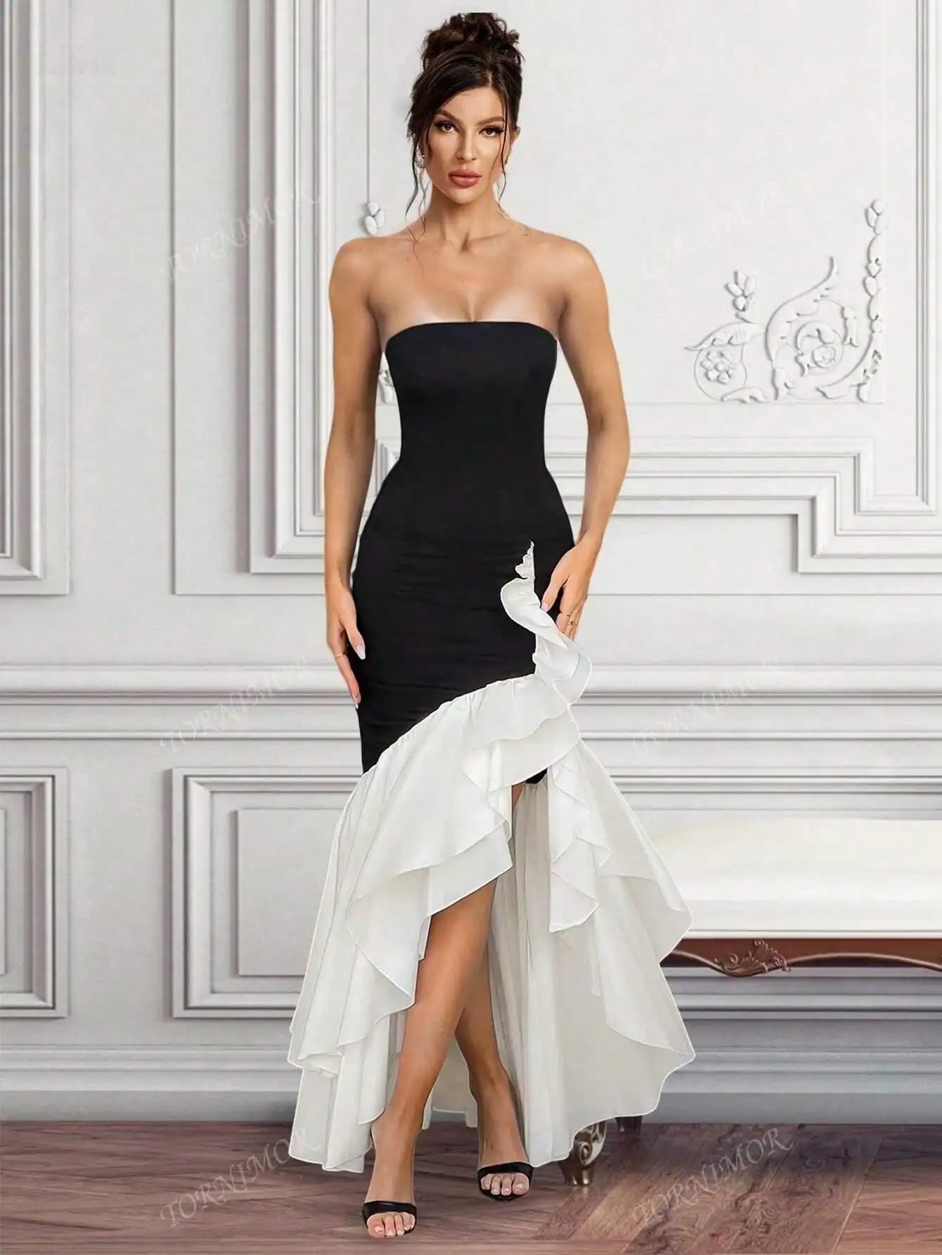 Abito aderente midi con spalle scoperte fantasia senza spalline Abito estivo con fasciatura a fessura con volant Abito elegante da cocktail notturno in bianco e nero