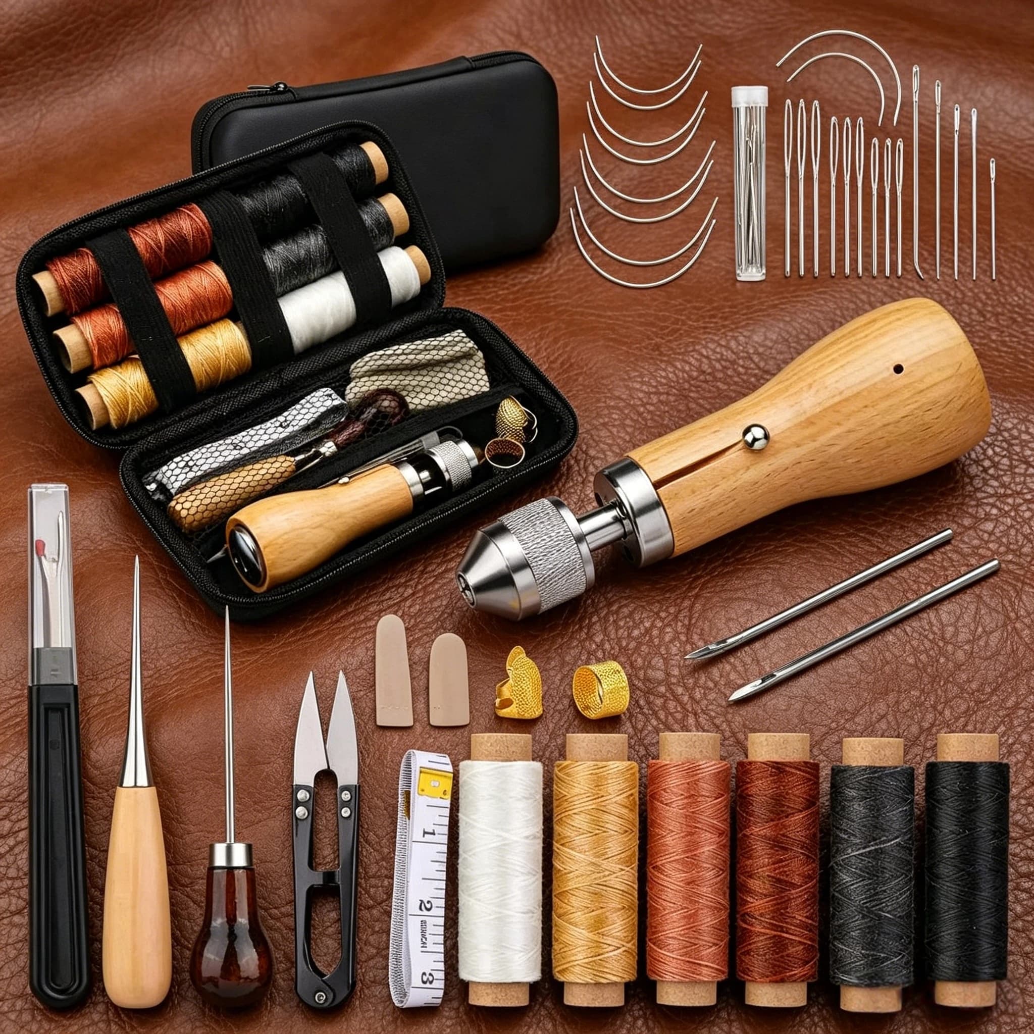Set di attrezzi portatile in pelle, macchina da cucire manuale per pelle, ago da cucito a testa larga per riparazione pelle, filo cerato per cucito