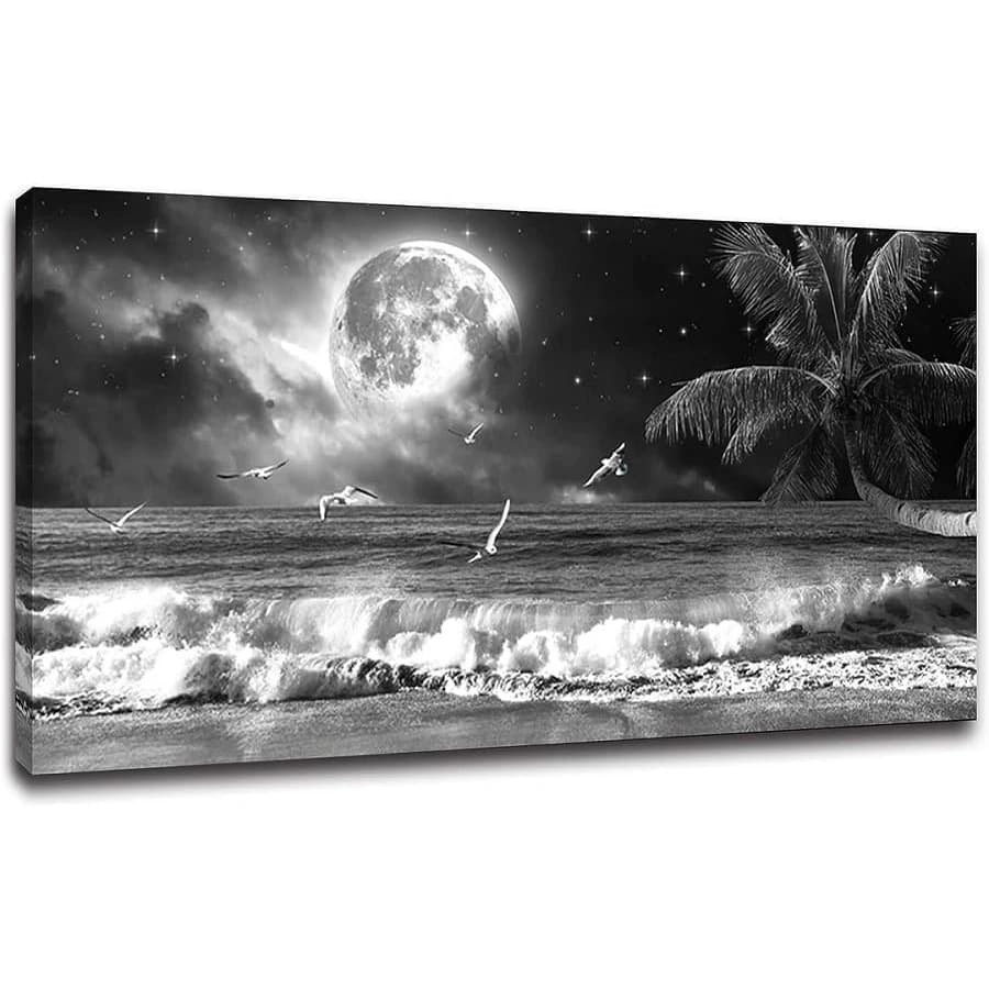 Diamond painting Black and white moon, waves, coconut trees landscape 5D DIY diamond embroidery mosaic cross stitch home decor