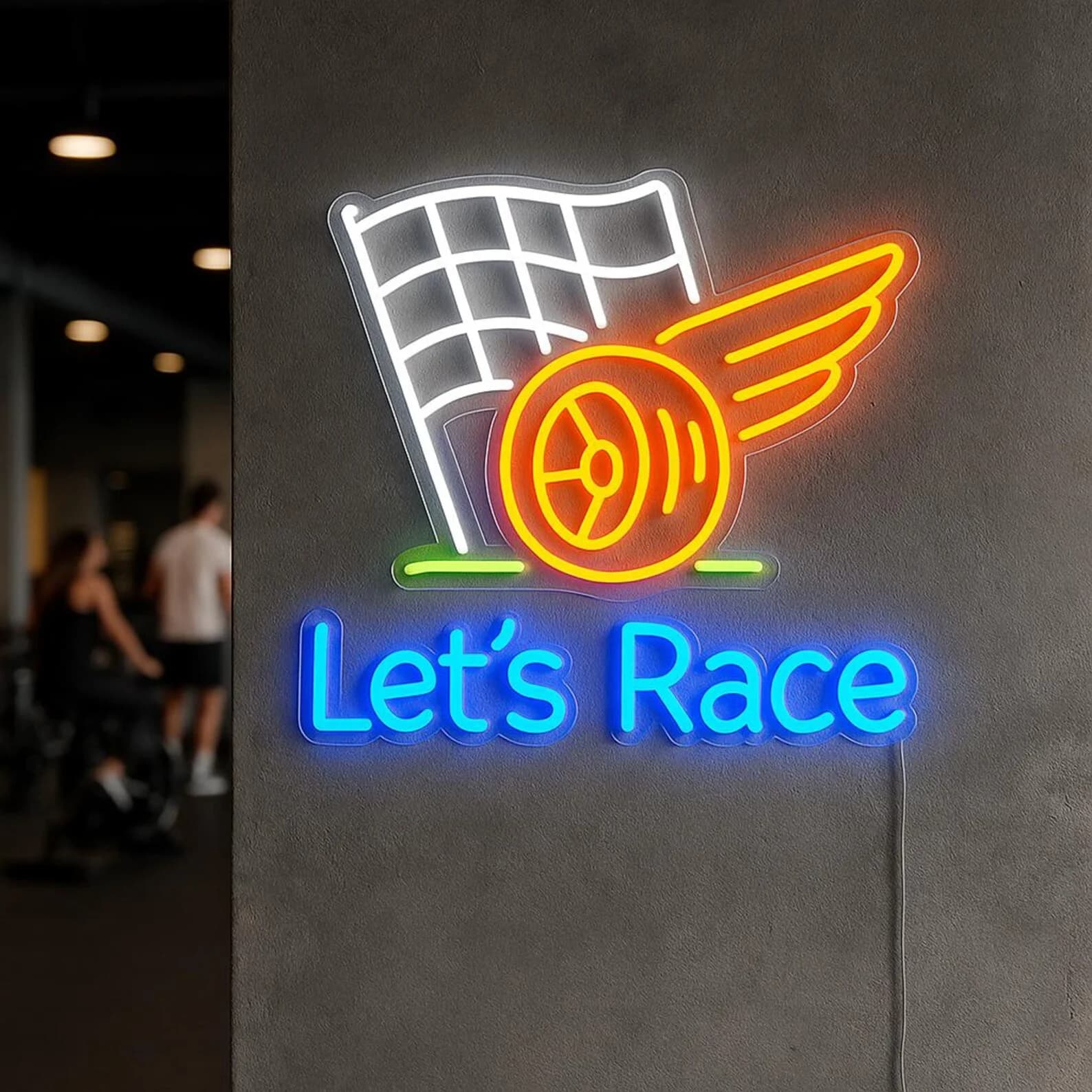 Insegna al neon Lets Race. Decorazione LED da corsa. Decorazione al neon opposta. Insegna al neon per auto, arredamento per sala giochi, regalo per lui