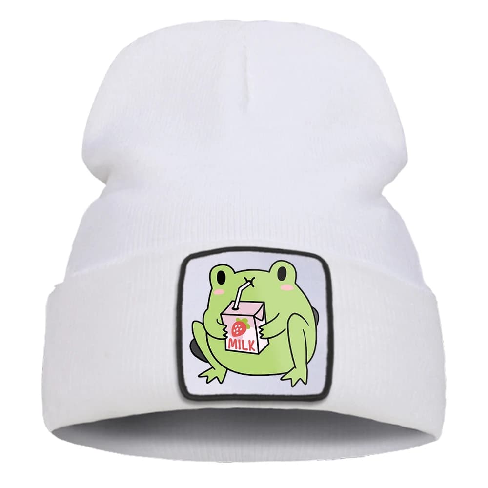 Divertenti berretti con stampa di rana al latte alla fragola Cappelli unisex pieghevoli casual autunnali alla moda Cappelli invernali da uomo in cotone moda