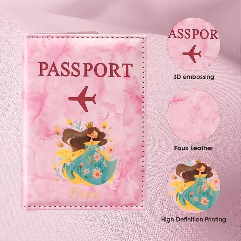 Personalized Custom Name Romantic Floral Illustration Design Passport Holder, Featuring a Woman in a Teal Long Dress with Floral