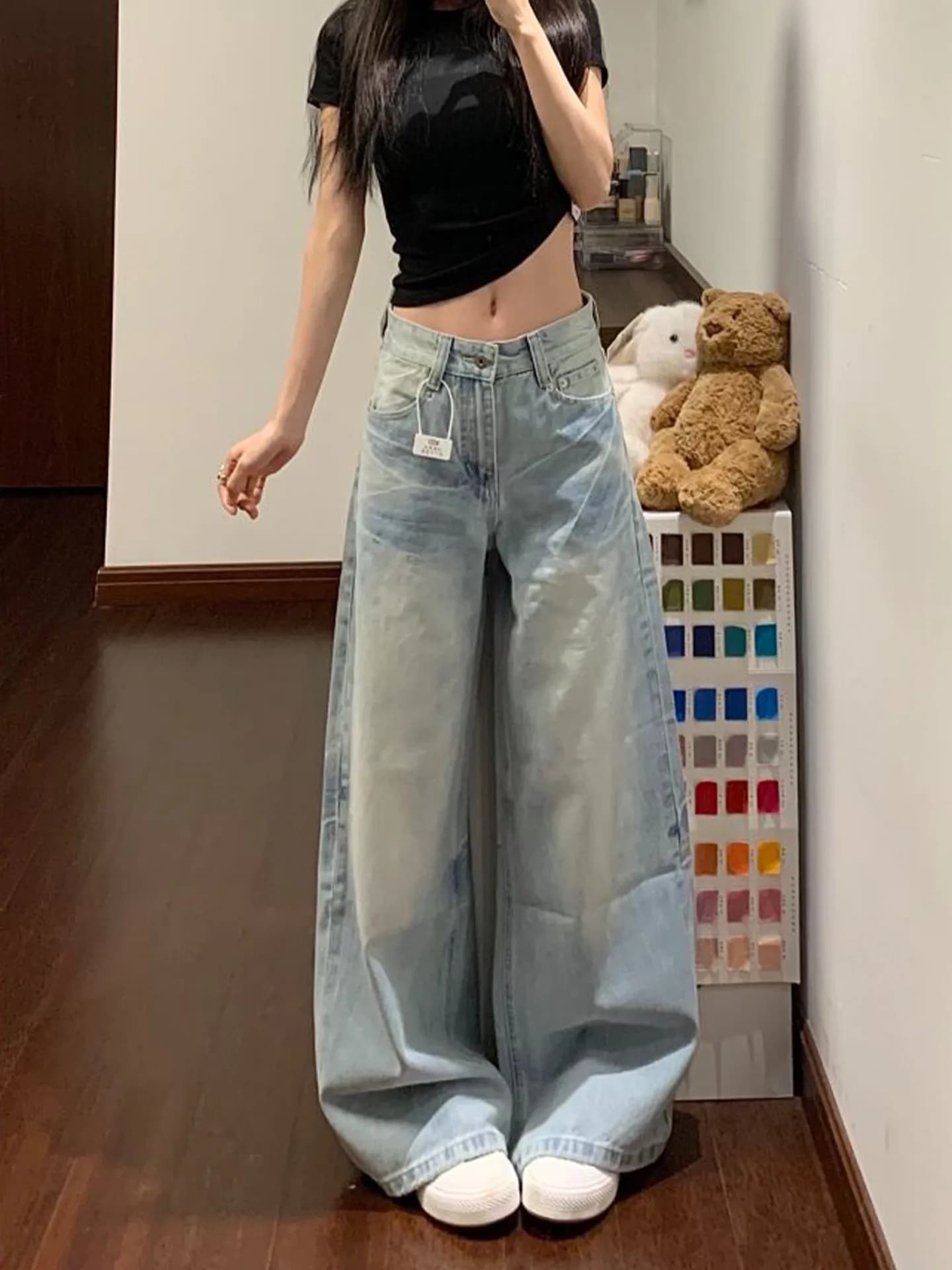 Light Blue High Waist Wide Leg Denim Jeans Women's Summer Loose Slimming Small Size Straight Long Pants Washed Wave Pattern