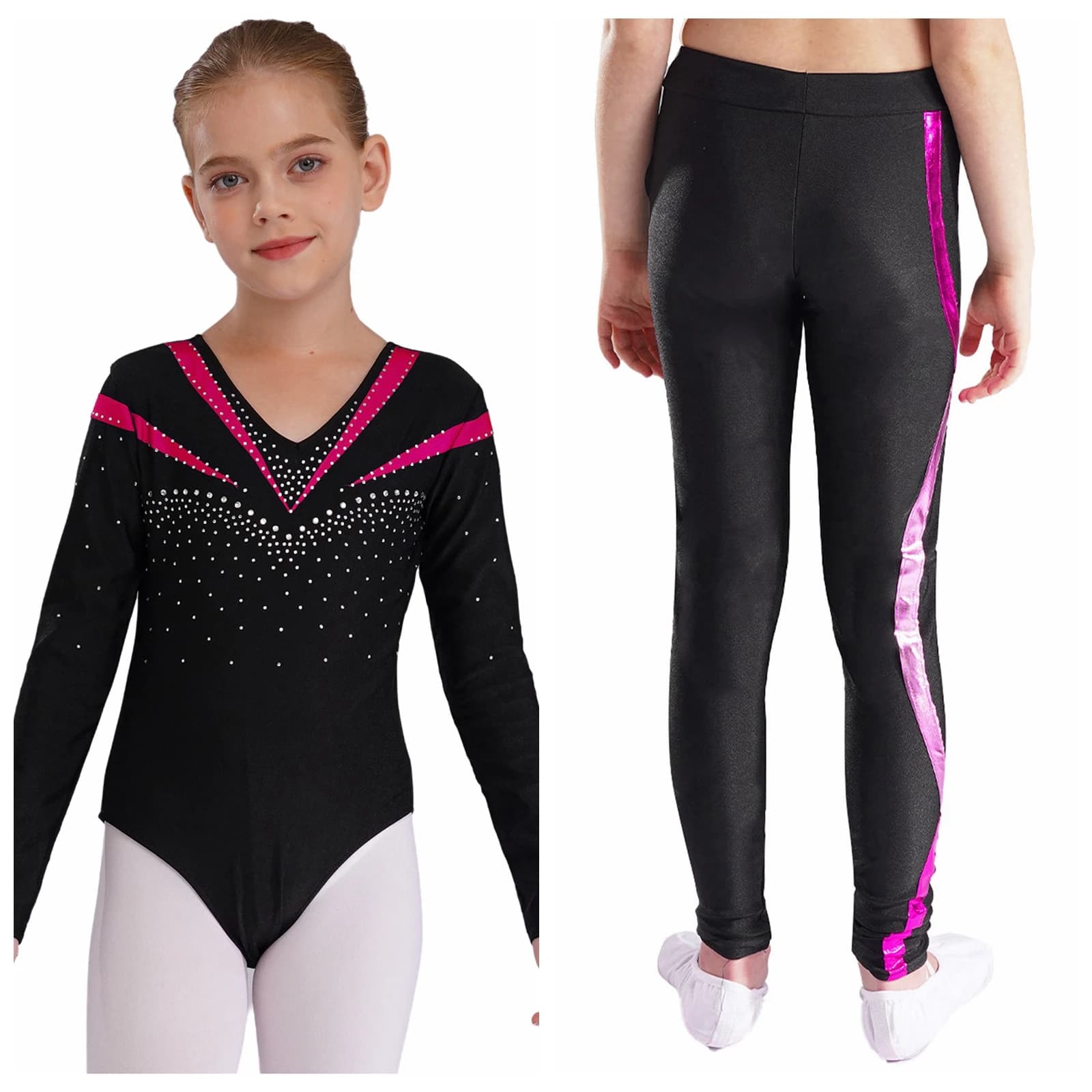 Kid Girls Ballet Dance Sets Sports Tracksuit Long Sleeve Leotard with Leggings Pants Figure Skating Gymnastics Workout Dancewear