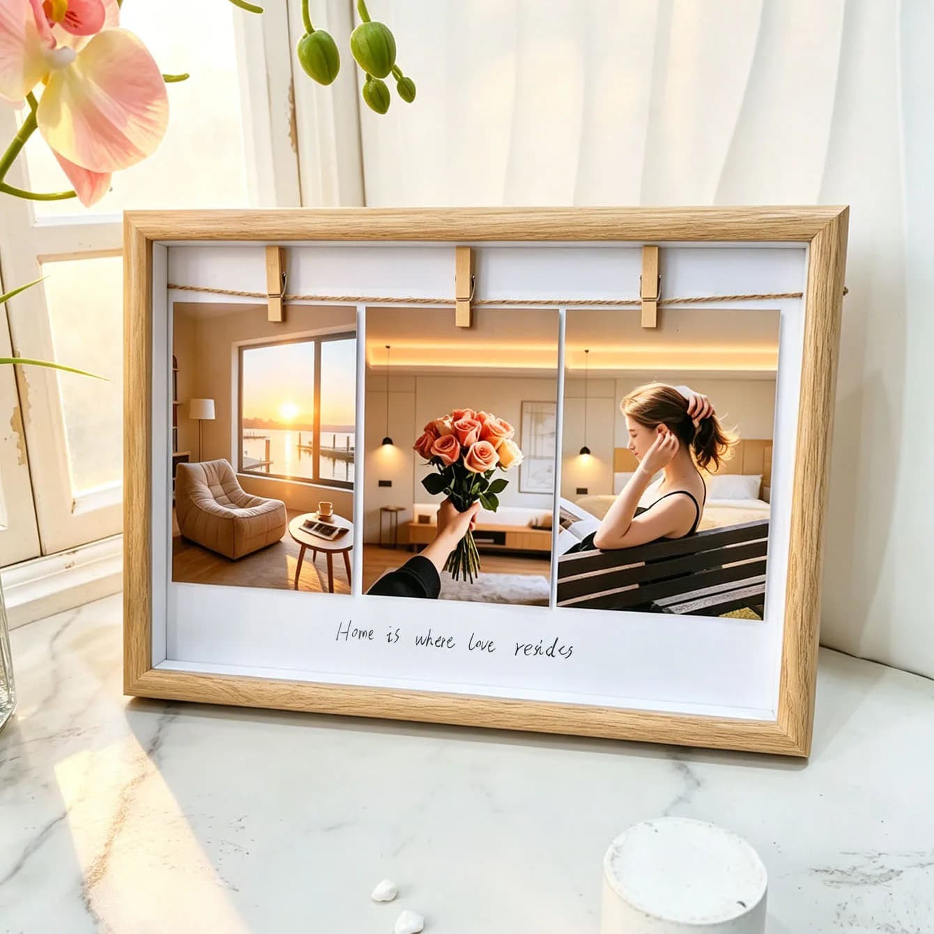 Wooden Photo Frame with 3 Clips, DIY Handwriting Picture Frame for 4/5 Inch Photos, Home Decor & Personalized Commemorative Gift