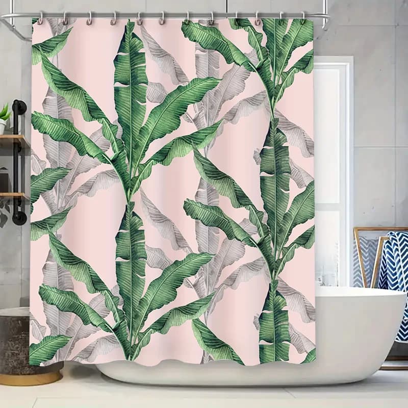 Tenda da doccia con foglie verdi Tappeto da bagno rosa Pannelli da doccia con stampa di foglie di banana Fodera decorativa per vasca da bagno per la decorazione della casa del bagno
