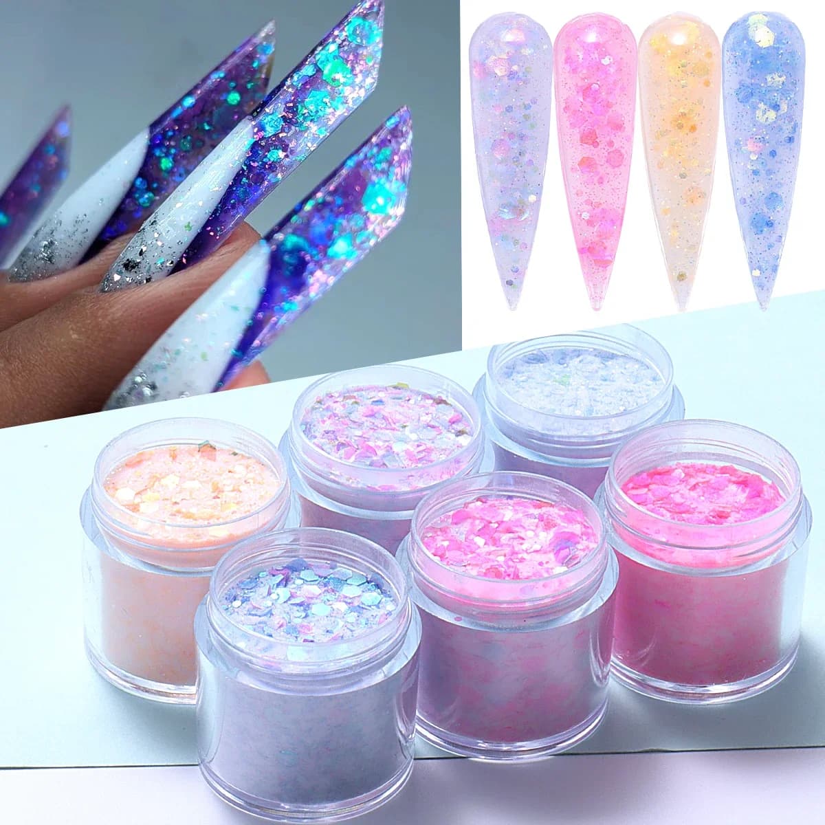 6 pz/set Shimmer Glitter Paillettes Acrilico Polvere Per Unghie Intagliare Estensione Design 10g FAI DA TE Francese Prolungare Strumento Manicure Forniture di Polvere