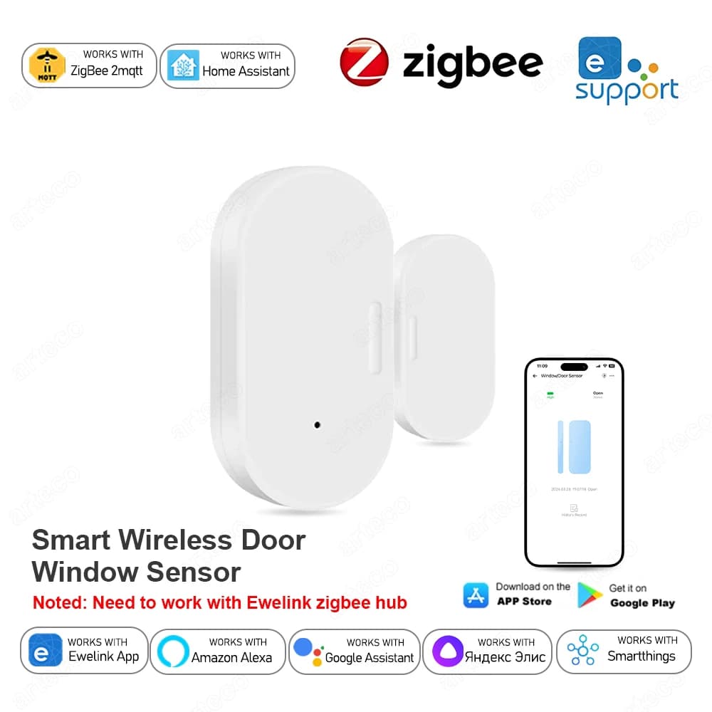 Tuya Zigbee Door and Window Sensor, Smart Life Magnetic Alarm, Compatible with Alexa and Google Assistant, Support Z2M Zigbee2 MQ