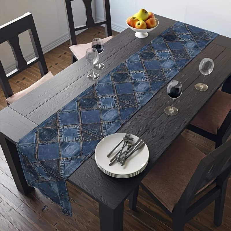 Runner da tavolo a tema nautico da 1 pezzo con griglie blu e motivo di ancoraggio - Perfetto per la decorazione domestica, feste a tema barca, eventi a tema oceano e cene a casa al mare