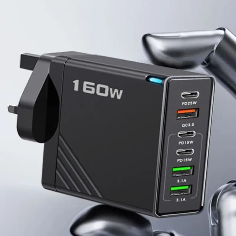 Black 160W Fast Wall Charger UK Standard Plug 6 Port 3Type-C 3USB-A QC3.0 Quick Charge Power Adapter For iPhone 18 Samsung S26