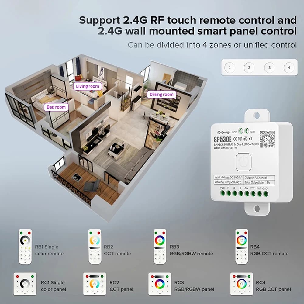 Controller LED SP530E SP630E WiFi Alexa Bluetooth, Supporta PWM Monocromatico CCT RGB RGBW RGBCCT o SPI TTL IC Chip per Strisce/Matrici LED