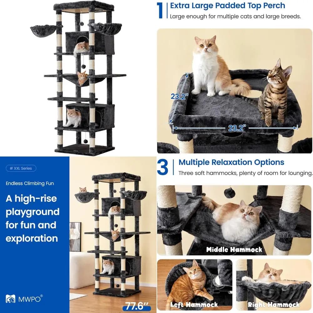 Grande torre per gatti da interno alta 7,6 pollici con 2 condotti, supporto multilivello per gatti di grandi dimensioni, 3 amache, albero per gatti extra large