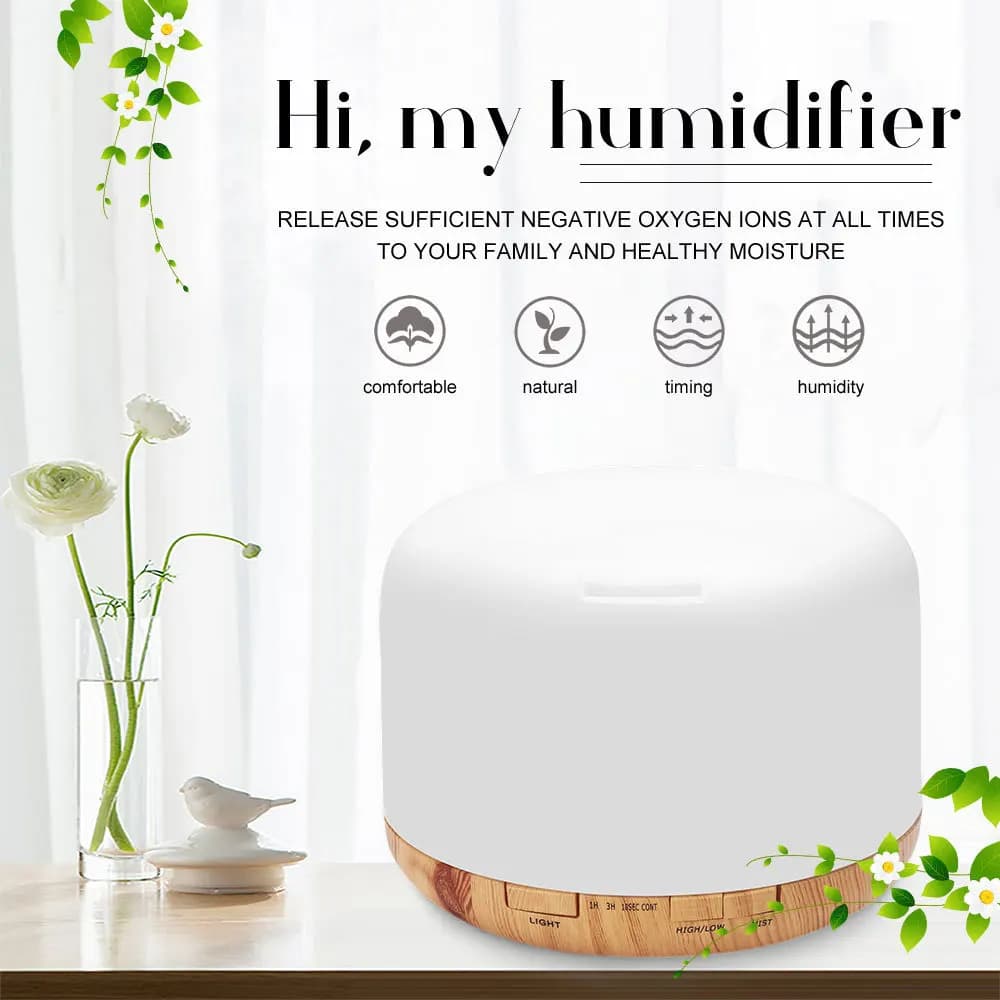 Diffusore di Aromi da 500ML con Effetto Legno, Timer 1/3H e Luce Notturna a 7 Colori, Umidificatore USB Silenzioso per Camera da Letto Senza Batteria