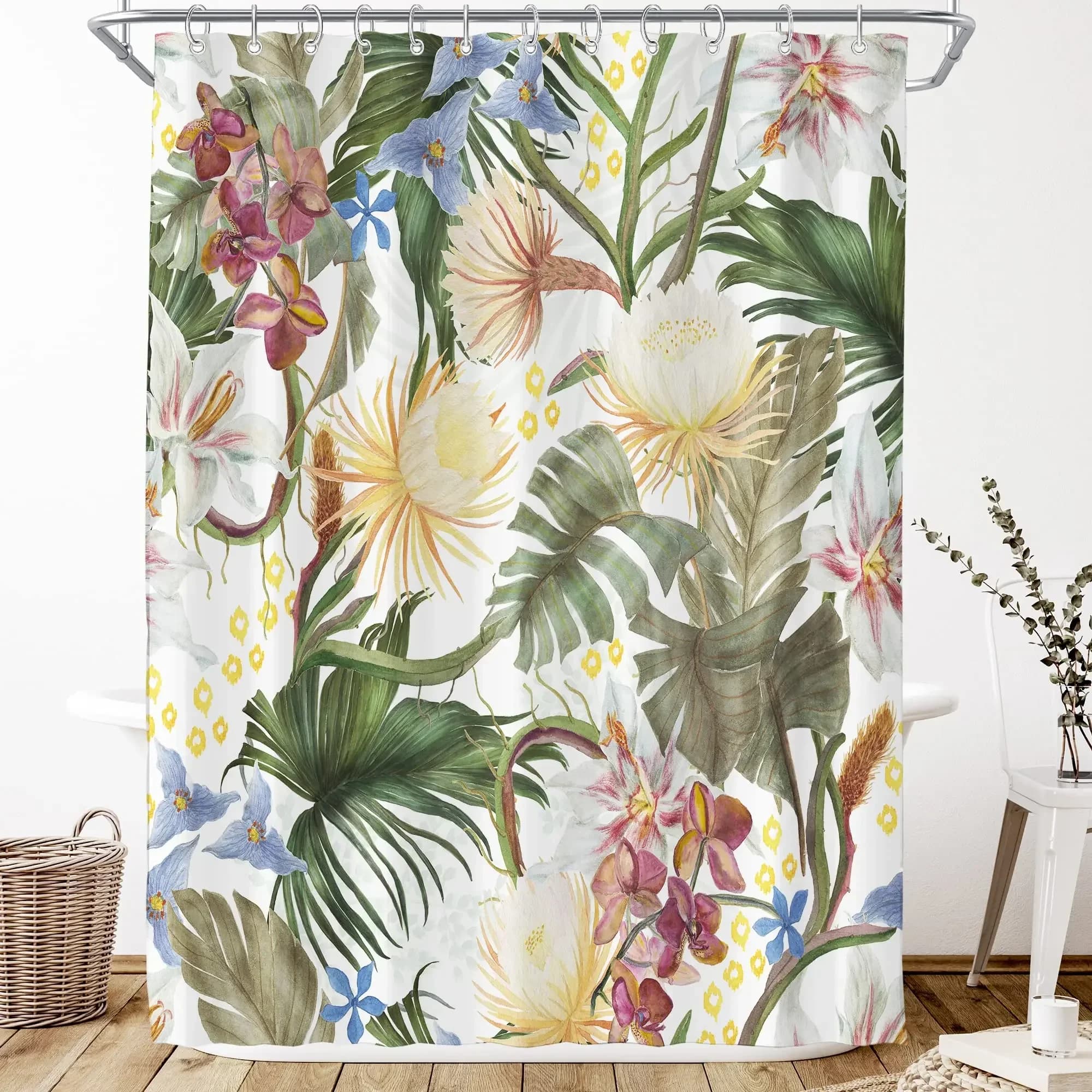 Tenda da doccia con fiori ad acquerello, fiore di pruno vintage, pianta tropicale, foglia verde, eleganza degli uccelli, arredamento per il bagno