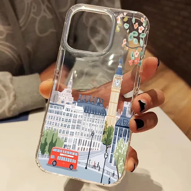 Charming urban landscape of London with pink flowers Transparent case for iPhone 17 16 15 14 13 12 11 Pro Max XS XR 7 8 Plus