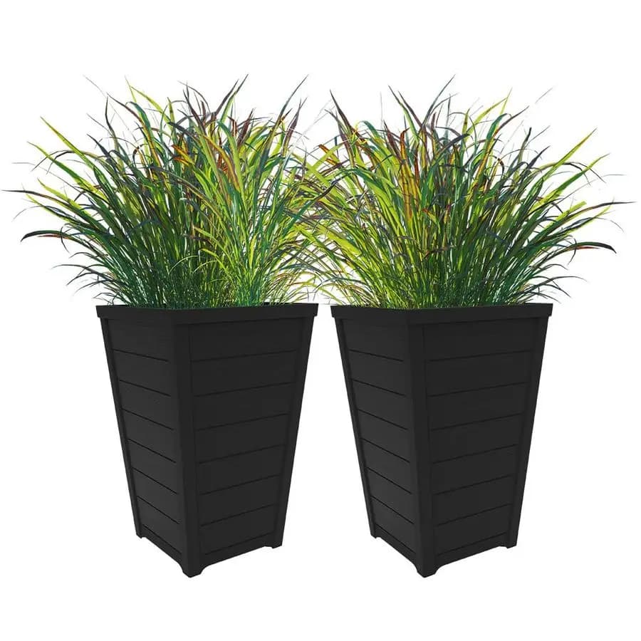 Set of 2 Modern Vases in External Resin, High 22 Inches, Large Planters Effect Wood for Exterior Plants and Portic Decoration